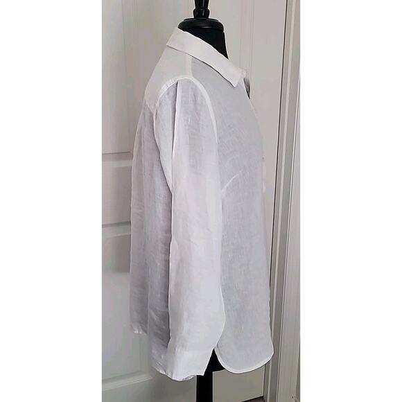 Talbots Women’s 100% Linen Popover Blouse White M Coastal Roll Tab Button Top - Picture 9 of 11